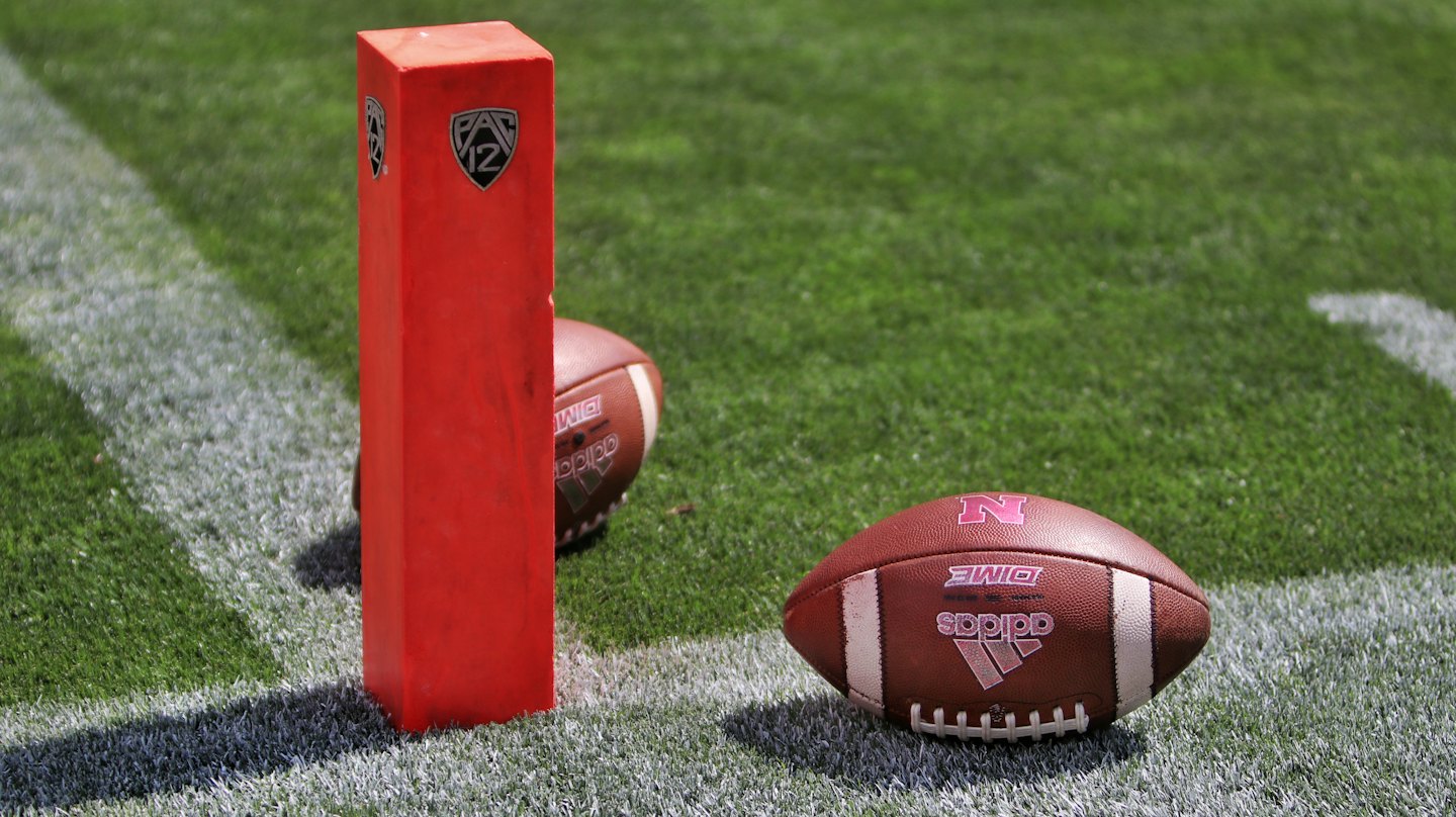 Due palloni da calcio sull'erba vicino a una porta rossa.